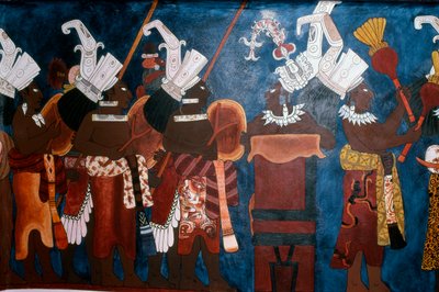 Reproduktion eines Wandgemäldes, das Diener und Musiker während einer Zeremonie zeigt, aus dem Tempel der Wandgemälde, Bonampak von Mayan